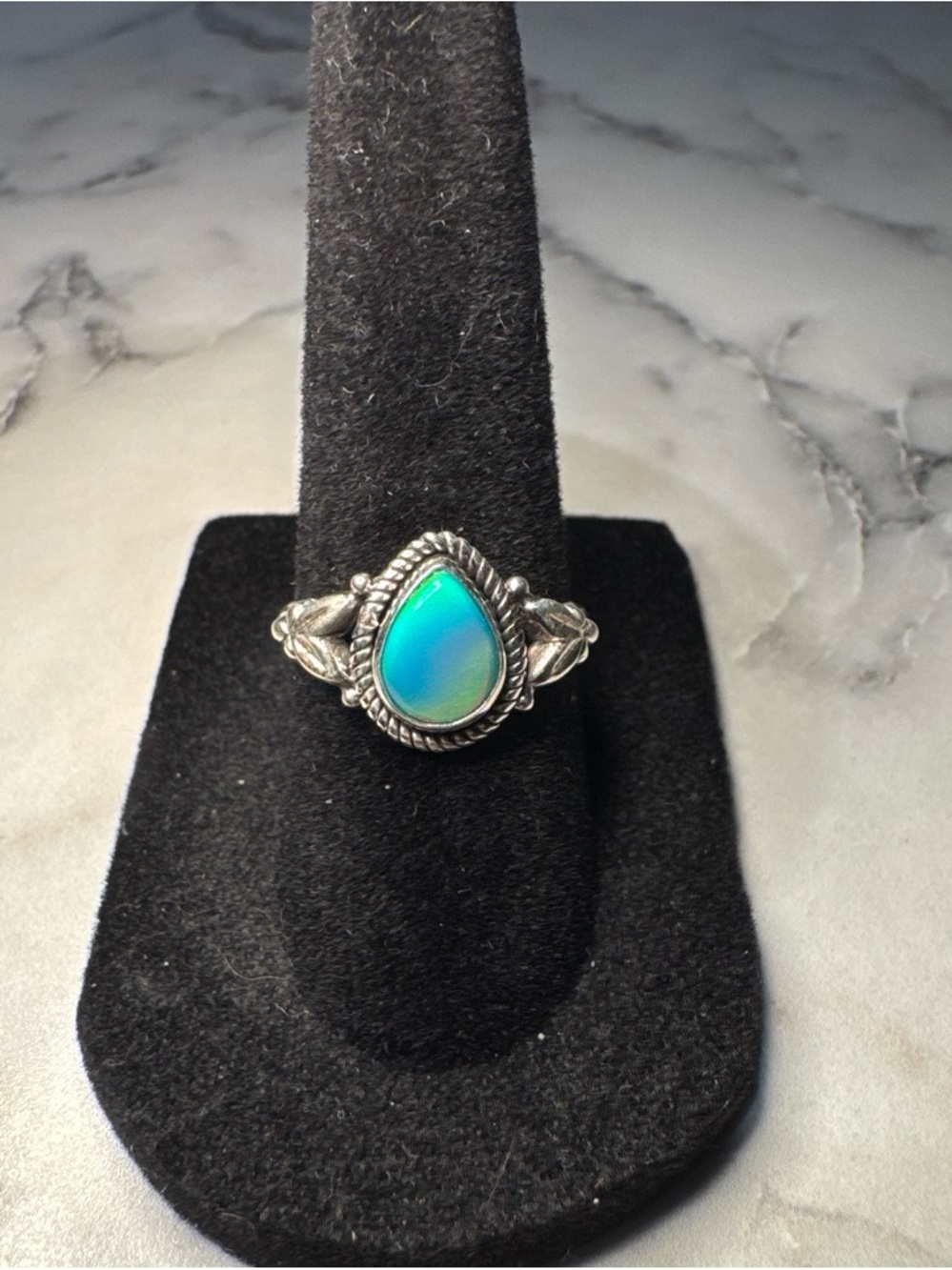 Teardrop Aurora Opal Ring with Decorative Silver Band